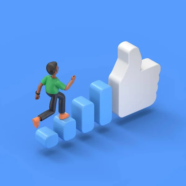 isometric 3D illustration on blue background, increase popularity on social networks,3D illustration of handsome afro man David runs up the stairs to a big like