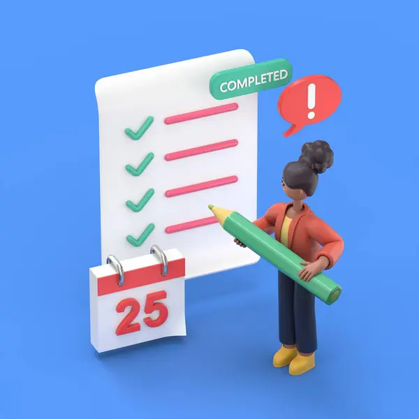 isometric 3D illustration on a blue background,3D illustration of african american woman Coco with a pencil near a filled sheet of paper and a calendar, an exclamation mark and a button with the word completed
