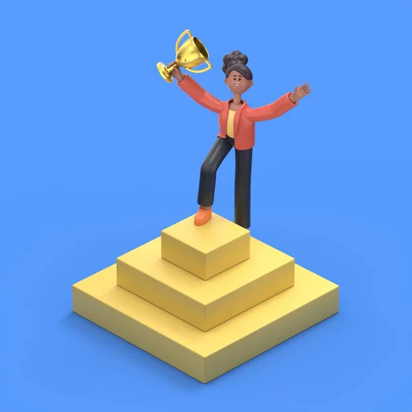 isometric 3D illustration on a blue background,3D illustration of african american woman Coco with a cup stands on the top of the pyramid, achieving success
