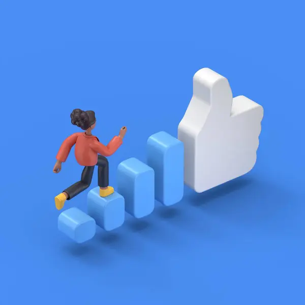 isometric 3D illustration on blue background, increase popularity on social networks,3D illustration of african american woman Coco runs up the stairs to a big like