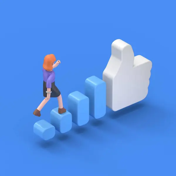 isometric 3D illustration on blue background, increase popularity on social networks,3D illustration of European businesswoman Ellen runs up the stairs to a big like