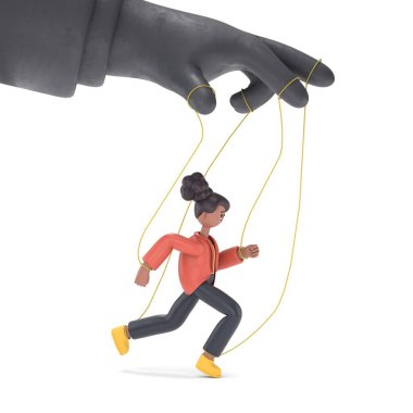 Düz 3D izometrik stil kuklacı iş konsepti web bilgi grafikleri 3D illüstrasyon Amerikan sakallı iş adamı Bob kukla ve büyük yönetici elin. Yaratıcı insanlar web sitesi kavramsal koleksiyon.