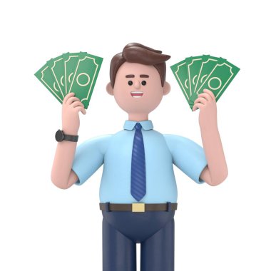 Sakallı Amerikalı iş adamı Bob 'un elinde para banknotlarıyla üç boyutlu resmi. Zenginlik kavramı. Çizgi film tarzında 3B illüstrasyon.