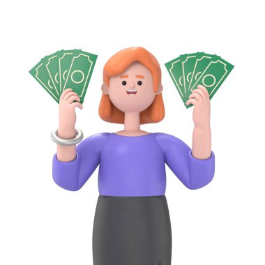 Sakallı Amerikalı iş adamı Bob 'un elinde para banknotlarıyla üç boyutlu resmi. Zenginlik kavramı. Çizgi film tarzında 3B illüstrasyon.