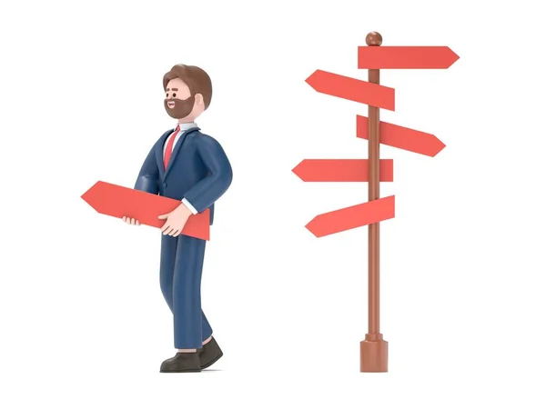 Choose the direction. Directinal concept, 3D illustration in cartoon design.3D illustration of bearded american businessman Bob.3D rendering on white background.
