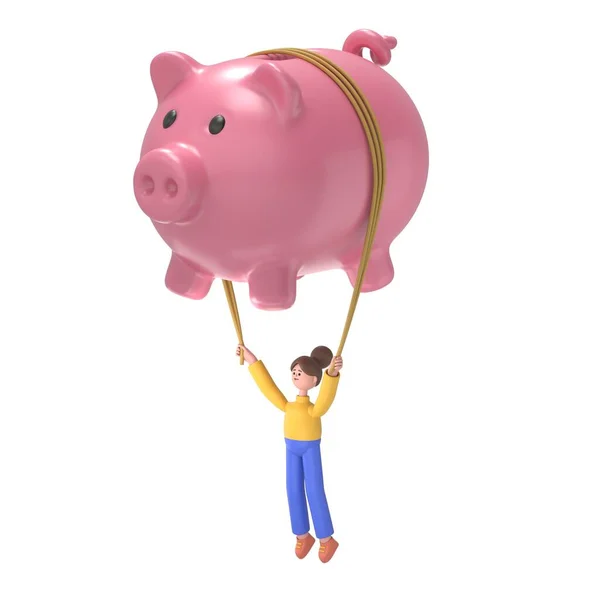 Flat 3d isometric financial freedom concept web infographics 3D illustration. 3D illustration of bearded american businessman Bob fly piggy bank inflating balloon. Creative people collection.