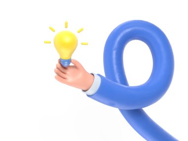 Şeffaf arkaplan modeli. 3D simge elinde ampul jesti. Karikatür fikri harika, PNG dosyalarını şeffaf arkaplan ile destekliyor..