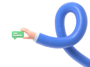 Şeffaf arkaplan modeli. Üç boyutlu el ele konuşma balonu ikonu. Parmaklardaki mesaj, iletişim konsepti, şeffaf arkaplan içeren PNG dosyalarını destekler..