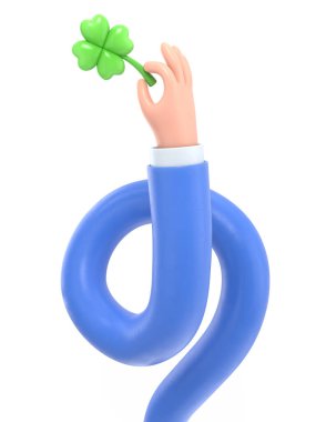 Şeffaf arkaplan modeli. Üç boyutlu simge, yonca yaprağı tutuyor. Yeşil yoncalı iş kolu, şans ve başarı sembolü şeffaf arkaplan PNG dosyalarını destekler..