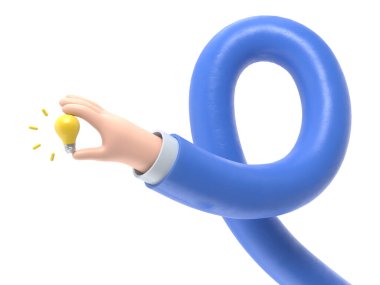 Şeffaf arkaplan modeli. 3D simge elinde ampul jesti. Karikatür fikri harika, PNG dosyalarını şeffaf arkaplan ile destekliyor..