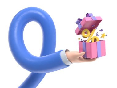 Şeffaf arkaplan modeli. 3D ikon satış konsepti. Elinde açık bir hediye. Sosyal medyaya hediye vermenin gerçekçi bir örneği, PNG dosyalarını şeffaf arka planda destekler..