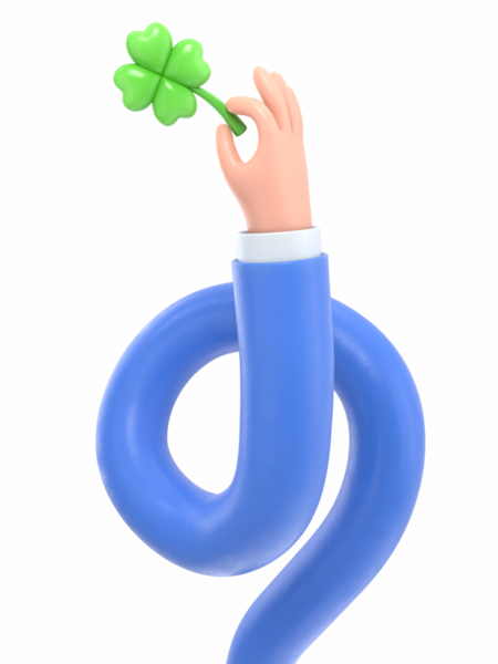 Şeffaf arkaplan modeli. Üç boyutlu simge, yonca yaprağı tutuyor. Yeşil yoncalı iş kolu, şans ve başarı sembolü şeffaf arkaplan PNG dosyalarını destekler..