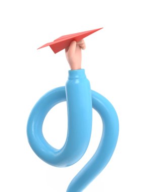 Kırmızı kravatlı mavi kauçuk bir çizgi film karakteri. 3D görüntüleme beyaz üzerine izole edildi.