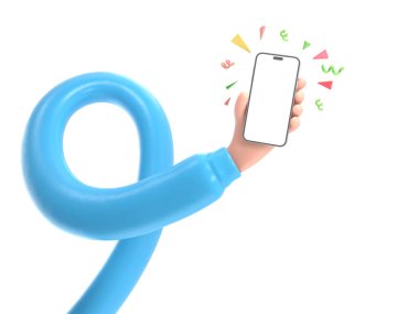 Şeffaf arkaplan, akıllı telefona dokunan 33D model el. cep telefonu kullanımının karikatür simgesi veya maketi, şeffaf arkaplanı olan PNG dosyalarını destekler..