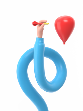 Sorun çözme, iş kavramı. İşadamlarının elinde keskin dart dartları 33d düz tasarım bir balonu deliyor. PNG dosyalarını şeffaf arkaplanlarla ithal ediyor. Uzun silah kavramı.