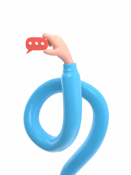 Şeffaf arkaplan modeli. Üç boyutlu el ele konuşma balonu ikonu. Parmaklardaki mesaj, iletişim konsepti, şeffaf arkaplan içeren PNG dosyalarını destekler..