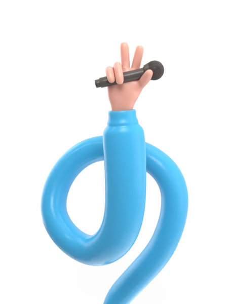 Şeffaf arka plan modeli. Karikatür el mikrofonu tutuyor ve zafer işareti gösteriyor. Saydam arkaplanı olan PNG dosyalarını destekler. Uzun silah kavramı.