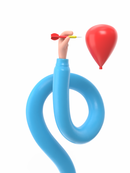 Sorun çözme, iş kavramı. İşadamlarının elinde keskin dart dartları 33d düz tasarım bir balonu deliyor. PNG dosyalarını şeffaf arkaplanlarla ithal ediyor. Uzun silah kavramı.