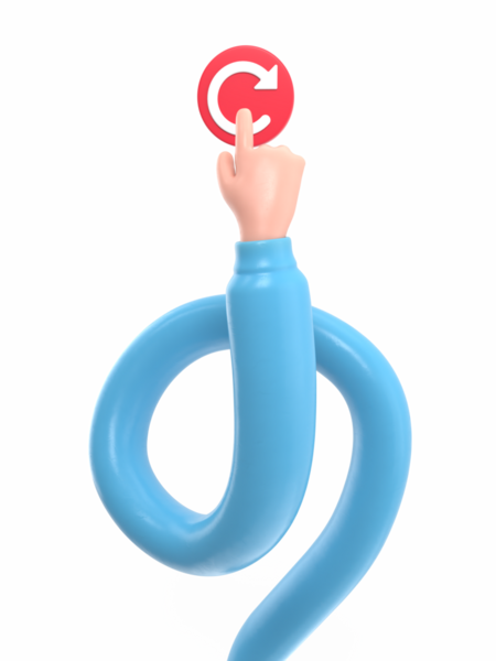 Yeniden başlatma konsepti. Teknoloji yeniden başlatılıyor. Büyük kırmızı düğmeye basmak için. 3d resimli düz tasarım. PNG dosyalarını şeffaf arkaplanlara aktarır. Uzun silah kavramı.