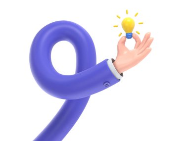 Büyük bir fikri olan mavi at nalı mıknatısı olan üç boyutlu bir iş adamı karakteri.