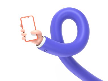 Elinde akıllı telefon olan üç boyutlu bir karakter. 3d oluşturma