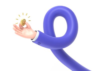 Mıknatıs ve altın sikkeli 3 boyutlu karakter. 3 boyutlu illüstrasyon beyaz üzerine izole edildi.