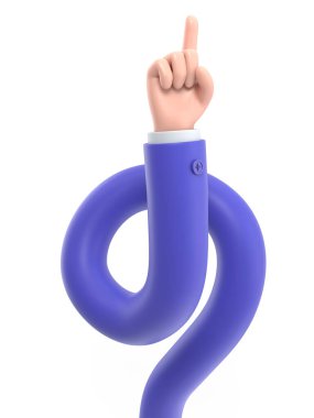 Beyaz arka planda mavi soru işareti olan bir el. 3d illüstrasyon