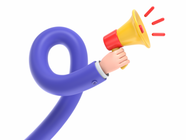 Mavi bir megafon taşıyan üç boyutlu bir karakter. Beyaz arkaplanda 3 boyutlu resimleme izole edildi.