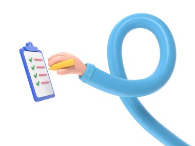 Mavi panoyu tutan el karakteri beyaz arka planda izole edilmiş. 3d illüstrasyon