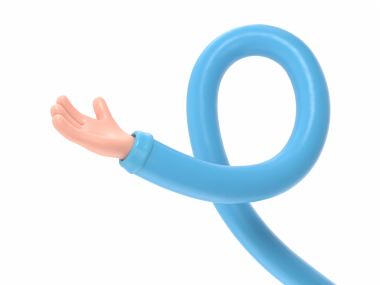 Beyaz arka planda mavi lastik eldivenli, mavi-beyaz çizgi film karakteri.