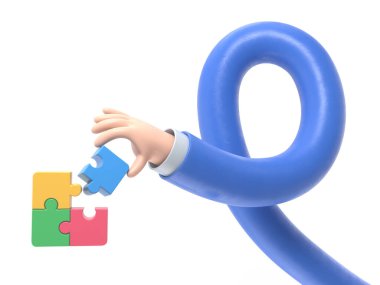 Elinde mavi yapboz parçaları olan üç adam.