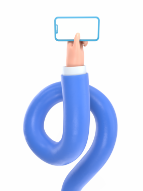 Elinde akıllı telefon tutan mavi pantolonlu üç boyutlu bir karakter. 3D görüntüleme beyaz üzerine izole edildi