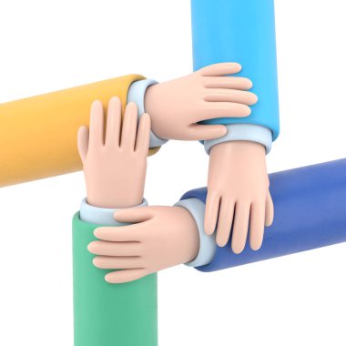 Şeffaf arkaplan modeli. Birbirlerinin bileklerini tutan dört farklı adam. Üst Manzara. Şeffaf arkaplan içeren PNG dosyalarını destekler.