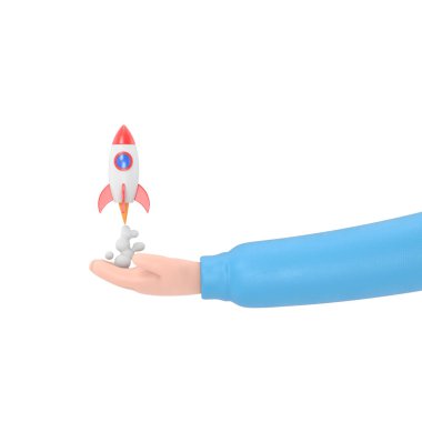 Eldeki roket beyaz arkaplanda izole edildi.