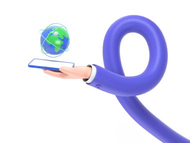 3D karakter dünya haritalı cep telefonunu tutuyor.