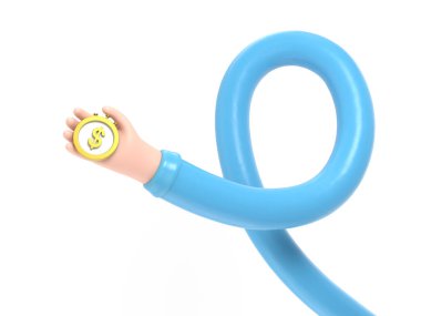 Beyaz arkaplanda izole edilmiş mavi parayı tutan üç boyutlu resimleme.