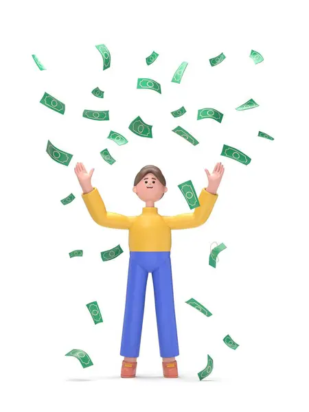 happy cartoon character with money, 3 d rendering