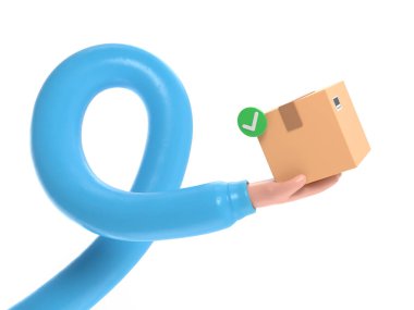 3D karakter elinde mavi bir balon tutuyor.