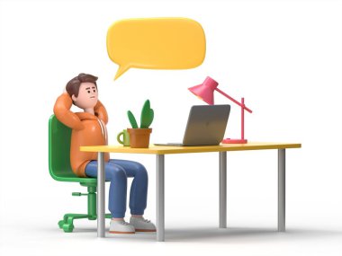 Sandalyede oturan, cep telefonu kullanan, cep telefonuyla konuşan, cep telefonuyla konuşan bir adamın üç boyutlu resmi. beyaz arkaplanda izole