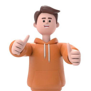 Turuncu kapüşonlu genç adam başparmağını kaldırdı.