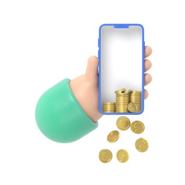 Elinde altın sikkelerle cep telefonu tutan 3 boyutlu bir karakter. 3d oluşturma.