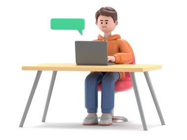 Sandalyede oturan ve bilgisayar kullanan bir gencin 3 boyutlu görüntüsü. beyaz üzerine izole