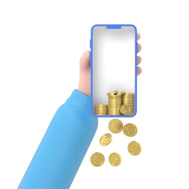 3D altın sikke ile akıllı telefonu tutan bir el.