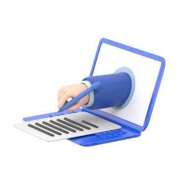 Elle boyanmış mavi anahtarı olan üç boyutlu bir karakter. 3d oluşturma