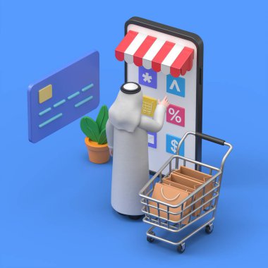 İnternetten alışveriş ve alışveriş arabalı cep telefonu hazırlamak. 3D çevrimiçi mağaza, alışveriş, e-ticaret, e-ticaret