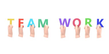 Beyaz arkaplanda izole edilmiş sözcük takım çalışması oluşturan harflerle el.