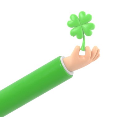 Eller yeşil yoncayı tutuyor. 3d oluşturma.