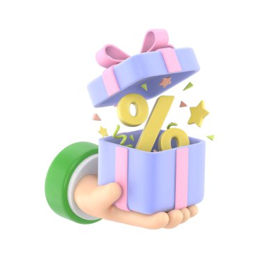 Hediye kutusu olan bir çizgi film karakterinin 3 boyutlu görüntüsü.