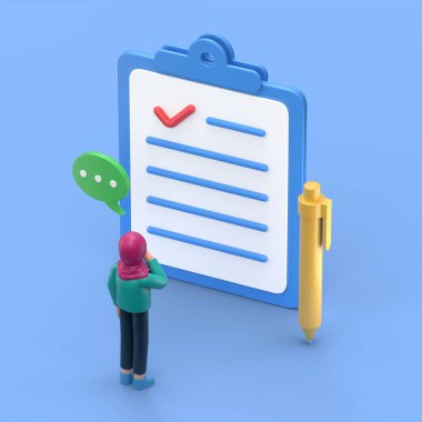 Kontrol listesi ve kontrol listesinin 3 boyutlu illüstrasyonu. iş kavramı.