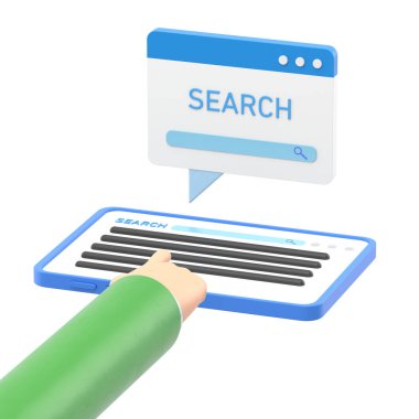 Çizgi film Jest Simgesi Mockup.Düz 3D izometrik iş adamı el yazısı ile arama motoru üzerinde anahtar kelimeyi aramak için tablet kullanır. Anahtar sözcük araştırması ve seo konsept 3D beyaz arkaplan üzerinde canlandırma.